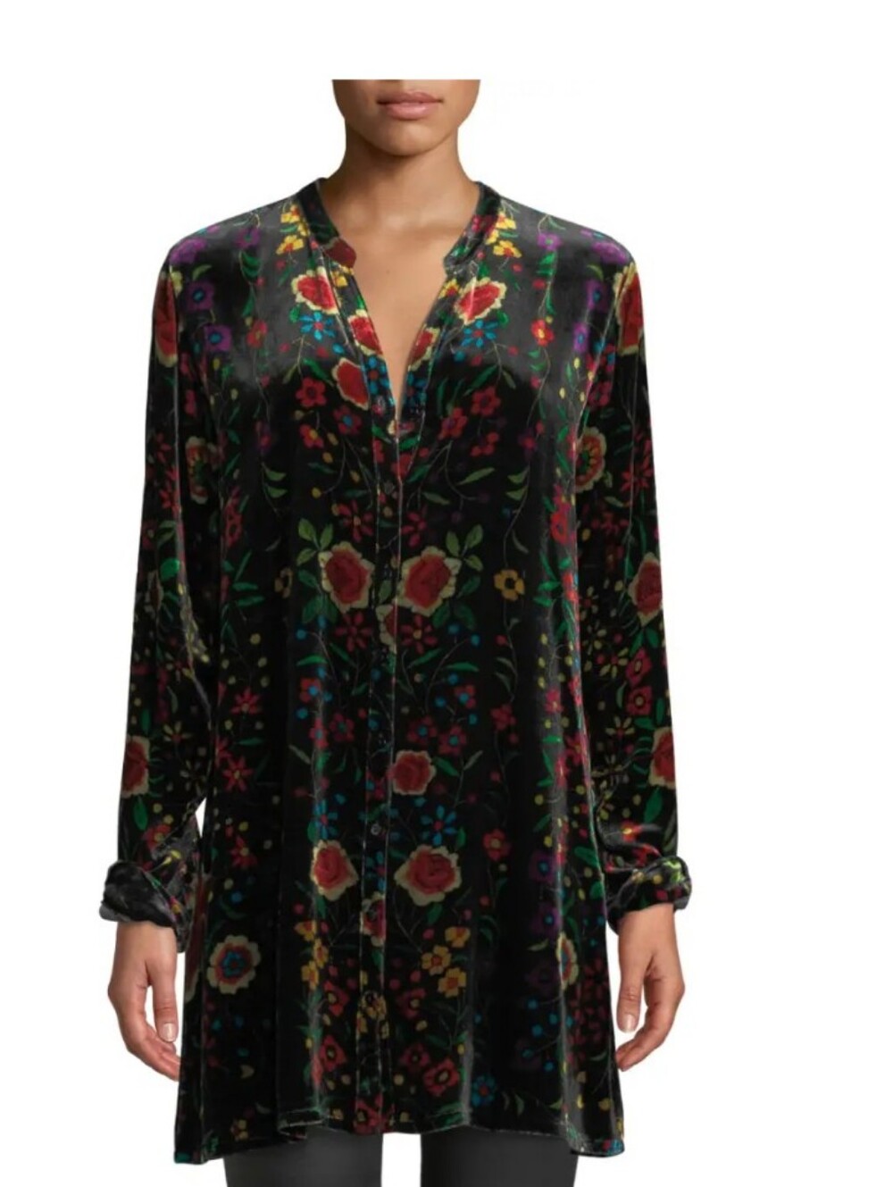 Johnny Was Floral Luxury Silk Velvet Tunic Top Button Up Dress Rich Boho Whimsy - Picture 1 of 9